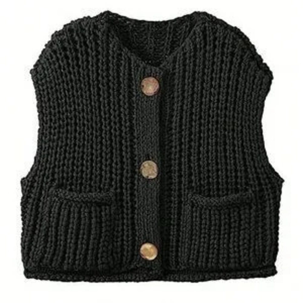 Black Casual Women's Loose Knit Vest With Double Pockets - Picture 3 of 4
